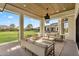 Relaxing covered patio with a seating arrangement and open view of the landscaped backyard at 4037 E Minton Cir, Mesa, AZ 85215
