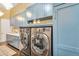 Full-size, front-loading washer and dryer nestled between custom blue cabinets and sink at 4037 E Minton Cir, Mesa, AZ 85215