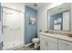 Bathroom featuring a step-in shower, modern fixtures, and attractive blue accent wall at 4077 S Sabrina Dr # 138, Chandler, AZ 85248