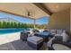 Inviting outdoor patio with comfortable seating, ceiling fan, and a view of the pool at 8025 W Gardenia Ave, Glendale, AZ 85303