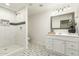 Bathroom with white vanity, decorative tile flooring, and tiled shower with seat at 14027 N 32Nd St, Phoenix, AZ 85032