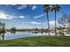 Scenic water view with lush green lawn, clear blue sky, and palm trees at 3830 E Lakewood Pkwy # 3164, Phoenix, AZ 85048