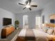 Main bedroom showcasing vaulted ceilings, a ceiling fan, and neutral carpeting at 573 W Rattlesnake Pl, Casa Grande, AZ 85122