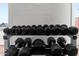 The community gym area offers a selection of dumbbells with organized weight racks at 701 S Dobson Rd # 432, Mesa, AZ 85202