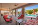Covered patio with outdoor seating overlooking a sparkling pool and lush landscaping at 21256 E Waverly Dr, Queen Creek, AZ 85142
