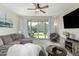 Comfortable living room with sliding glass doors to the backyard and a ceiling fan at 2424 S 235Th Dr, Buckeye, AZ 85326
