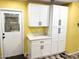 Bright kitchen featuring white cabinets, modern hardware, and a yellow accent wall at 1132 S 81St Pl, Mesa, AZ 85208