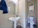 Neutral powder room featuring modern pedestal sink and complementary fixtures at 17531 W Hedgehog Pl, Surprise, AZ 85387