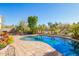 Beautiful backyard featuring a freeform pool surrounded by brick pavers and manicured landscaping at 3890 S Star Canyon Dr, Gilbert, AZ 85297