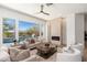 Bright living room with large windows overlooking the pool area, a fireplace, and stylish furnishings at 11267 E Beck Ln, Scottsdale, AZ 85255