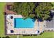 Aerial view of a sparkling community pool with lounge chairs and umbrellas, surrounded by lush landscaping at 1173 E Beryl Ave, Phoenix, AZ 85020