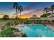 Gorgeous community pool area and palm trees featuring tropical landscaping, and sunset views at 17637 W Browning Dr, Surprise, AZ 85374