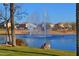 Scenic pond view with fountains, lush greenery, palm trees, and homes creating a tranquil waterside community at 22499 N Dietz Dr, Maricopa, AZ 85138