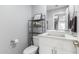 Chic half bathroom featuring a modern vessel sink, stylish shelving, and minimalist decor at 3535 E Crescent Way, Gilbert, AZ 85298