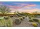 Expansive desert landscaped backyard with cacti and native plants, plus an outdoor seating area and mountain views at 37170 N Greythorn Cir, Carefree, AZ 85377