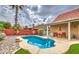 Inviting backyard pool surrounded by desert landscaping and a covered patio, ideal for relaxation at 657 N Marble St, Gilbert, AZ 85234
