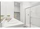 A modern bathroom featuring a walk-in shower and a bright vanity area, all designed in a bright white at 17801 W Mission Ln, Waddell, AZ 85355