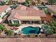 Aerial shot showcases a private backyard pool, covered patio, and lush landscaping for outdoor enjoyment at 23024 N De La Guerra Ct, Sun City West, AZ 85375