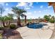 Serene pool area with mature palm trees, a waterfall feature, and a relaxing atmosphere at 23024 N De La Guerra Ct, Sun City West, AZ 85375