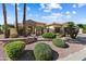 Landscaped single-story home featuring desert landscaping, a stone exterior, and mature palm trees at 23024 N De La Guerra Ct, Sun City West, AZ 85375