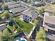 Aerial view of a backyard featuring a pool, lush landscaping and covered patio at 1093 E Doral Ave, Gilbert, AZ 85297
