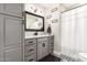 Well-lit bathroom with gray cabinets, granite counters, and decorative tile flooring at 5333 E Catalina Ave, Mesa, AZ 85206