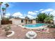 Private backyard with pool, stone landscaping, covered patio, and mature trees at 1159 W Emelita Ave, Mesa, AZ 85210