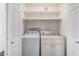 Laundry room with washer, dryer, white walls, and built in shelving for extra storage at 17017 N 12Th St # 2012, Phoenix, AZ 85022