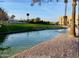 Scenic view of the community pond and landscaping, featuring palm trees and a well-maintained lawn at 7960 E Camelback Rd # 209, Scottsdale, AZ 85251
