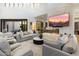 Bright living room with a modern fireplace, high ceilings, and sliding glass doors to the patio at 9735 E Kemper Way, Scottsdale, AZ 85255