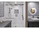 Spa-like bathroom with walk-in shower featuring decorative tile and glass door at 10596 E Yearling Dr, Scottsdale, AZ 85255