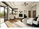 Inviting bedroom with a fireplace, sitting area, and expansive windows offering panoramic views at 10596 E Yearling Dr, Scottsdale, AZ 85255