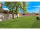 Lush green backyard with mature landscaping, privacy fence, and mountain views in the distance at 15691 N 104Th Pl, Scottsdale, AZ 85255