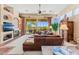 Inviting living room with a fireplace, backyard view, and comfortable furniture, ideal for gatherings at 9327 E Whitewing Dr, Scottsdale, AZ 85262