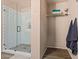 Shower features white tile and pebble flooring with a glass door and chrome fixtures plus a rack with towels at 11732 W Foothill Dr, Sun City, AZ 85373