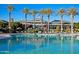 Stunning view of a large community pool, lounge chairs and umbrellas near clubhouse surrounded by palm trees at 12733 S 177Th Ln, Goodyear, AZ 85338