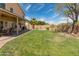 Expansive backyard with lush green grass, a covered patio, and mature trees with a pristine in-ground pool at 15055 S 40Th Pl, Phoenix, AZ 85044