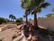 Lush backyard oasis featuring a rock waterfall, palm trees, desert landscaping, and privacy wall at 17806 N Becke Ln, Surprise, AZ 85374