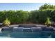 Close up of in-ground backyard pool and spa with mature hedges at 5641 E Grovers Ave, Scottsdale, AZ 85254