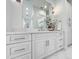 Close up of bathroom vanity with white cabinets, marble countertops, and decorative plant at 6129 E Turquoise Ave, Paradise Valley, AZ 85253