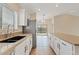 Modern kitchen showcasing white cabinets, stainless steel appliances, and a view of the backyard pool at 16585 W Tonto St, Goodyear, AZ 85338