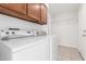 Practical laundry room featuring modern washer and dryer units and upper cabinets at 5325 W Desert Hills Dr, Glendale, AZ 85304