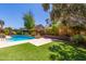 Backyard oasis with a sparkling pool, lush landscaping, green turf and plenty of privacy at 5325 W Desert Hills Dr, Glendale, AZ 85304