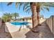 Backyard pool with lush palm trees and privacy fence, creating a serene outdoor oasis at 1619 E Del Rio Dr, Tempe, AZ 85282