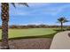 Manicured putting green with palm trees and a gazebo in a serene community setting at 17002 S 178Th Ave, Goodyear, AZ 85338