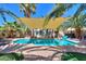 Backyard pool oasis with shade sail, palm trees, manicured landscaping, and charming outdoor decor at 45176 W Alamendras St, Maricopa, AZ 85139