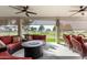 Covered patio featuring outdoor seating, a fire pit, roll down shades, and a golf course view at 5140 S Tanglewood Dr, Chandler, AZ 85248