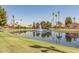 Scenic pond with fountain, palm trees and lush landscaping, creating a serene community setting at 5140 S Tanglewood Dr, Chandler, AZ 85248