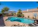 Backyard swimming pool with umbrella, mature trees, and blue-tiled trim at 11224 E Carol Ave, Scottsdale, AZ 85259