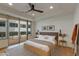 Bright bedroom with balcony access, neutral tones, and modern decor. The room features recessed lights and ceiling fan at 2211 E Camelback Rd # 402, Phoenix, AZ 85016